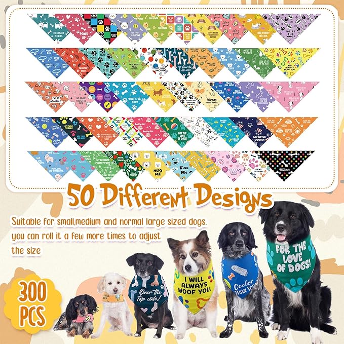Kacctyen 300 Pcs Paw Print Dog Bandanas Bulk Colorful Grooming Pet Scarf Bibs Adjustable Washable Kerchief Seasonal Pet Party Supplies for Small to Large Dogs Cats Costume Accessories