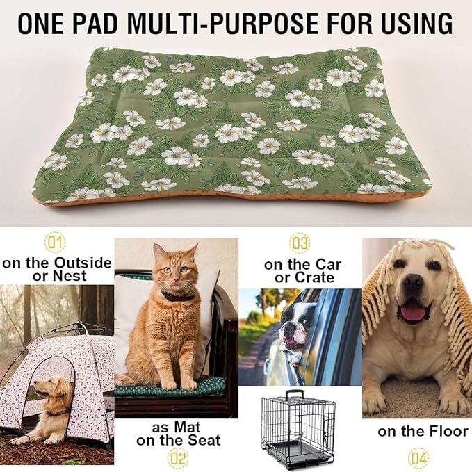 Dog Bed for Crate Washable Pet Sleep Pad, Floral Print Kennel Mat with Non-Slip Bottom, Soft Fluffy Supplies Pet for Dogs and Cats (24x18 inch)