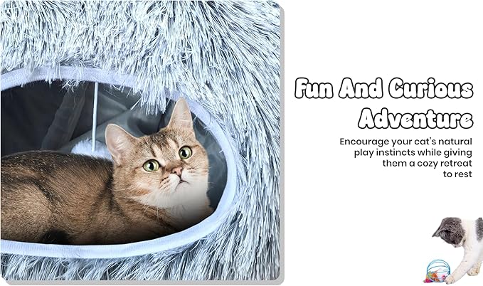 Cat Donut Tunnel Bed with 3pcs Mouse Ball Toy - Cat Tunnel for Under Christmas Tree & Cat Tunnel Bed Cave - Soft cat cave Bed – 3-in-1 Cat Tunnels for Indoor Cats, Kittens, Puppies, Rabbits (Grey)