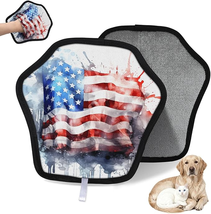 Watercolor Stars Stripes Electrostatic Pet Hair Removal Glove for Cats & Dogs - Reusable Grooming Mitt for Couch, Carpet, Car Seat & Laundry - Large 9x9 Inch