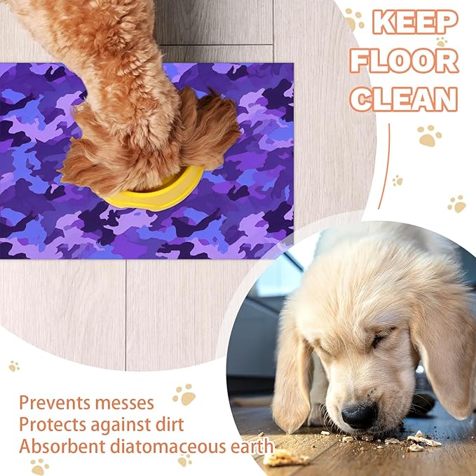 Purple Camouflage Dog Food Mat for Floors Absorbent Dog Bowl Mat for Food and Water Dispenser Quick Dry Cat Food Placemat Pet Supplies 24" x 32", Camo