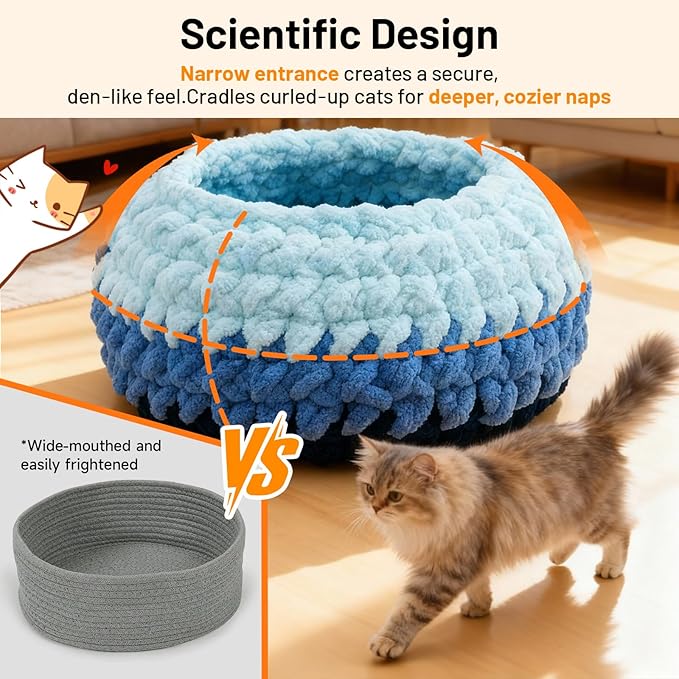 Rondo Cat Nest Handwoven Washable Cat Nest Bed Soft Round Cave House Furniture for Indoor Kitten Cloud Blue