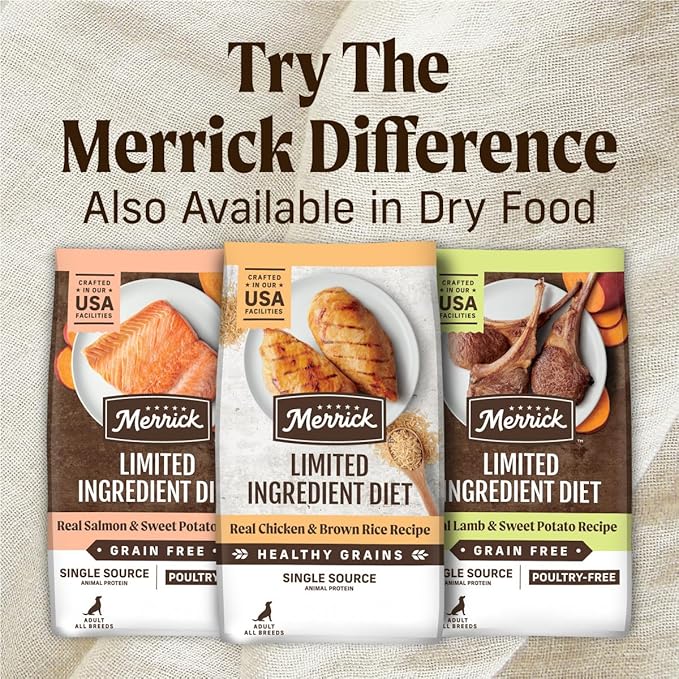 Merrick Limited Ingredient Diet Premium Grain Free Wet Dog Food, Healthy And Natural Poultry Free Canned Dog Food With Lamb - (Pack of 12) 12.7 oz. Cans