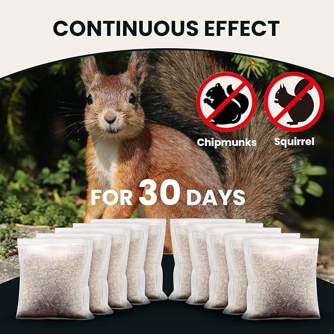 Squirrel Repellent Outdoor, Natural Squirrel Deterrent for Plants, Attic & Bird Feeders, Safe Around Kids & Pets, Helps Keep Squirrels Chipmunk Away from Yard & Garden – 10 Pouches