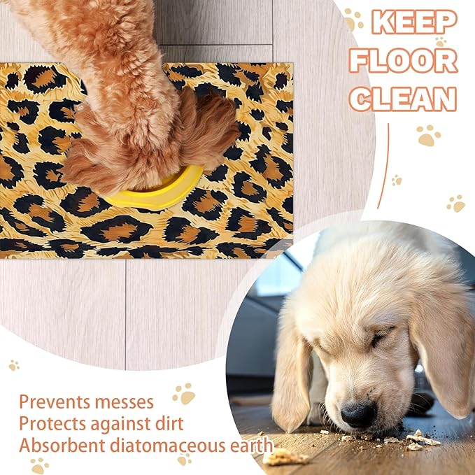 Leopard Print Dog Food Mat for Floors Absorbent Dog Bowl Mat for Food and Water Dispenser Quick Dry Cat Food Placemat Pet Supplies 12" x 20", Brown Cheetah Skin