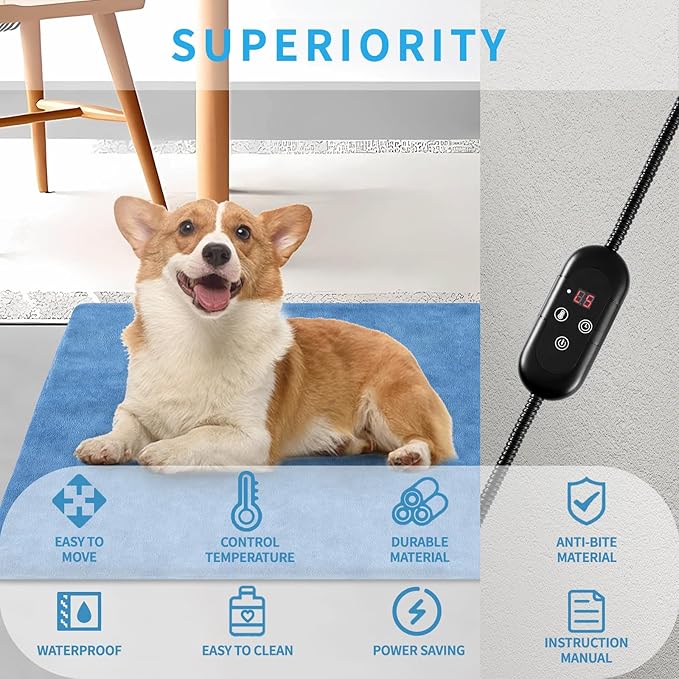 Pet Heating Pad for Dogs, Indoor Outdoor Heated Cat Bed Waterproof Electric Heated Pad Mat for Cats with Chew Resistant Cord,5 Timer and 6 Level Temperature Pet Bed Warming Pad-15.7x27.5