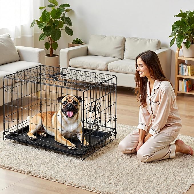 Sweetcrispy 24 Inch Single Door Dog Crate, Metal Pet Kennel with Secure Lock, Foldable Design, Removable Tray for Easy Cleaning, Portable Puppy Cage for Small Dogs, Ideal for Training & Travel