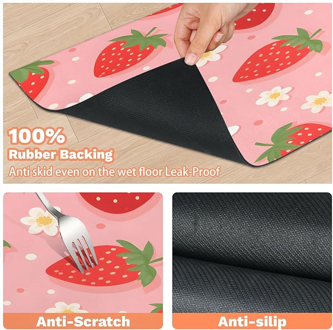 Red Strawberry Dog Food Mat for Floors Absorbent Dog Bowl Mat for Food and Water Dispenser Quick Dry Cat Food Placemat Pet Supplies 17" x 30", Flower