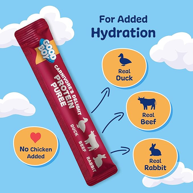 GOOD BOY Carnivore’s Delight Protein Purees Dog Food Mixers for All Adult Dogs, 10 Count, Easy Single-Serve Triple Flavor Topper Treats with Duck, Beef and Rabbit (Pack of 2)