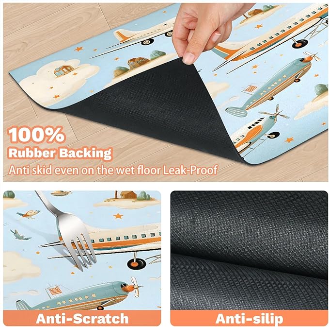 Cartoon Airplane Dog Food Mat for Floors Absorbent, Quick Dry Water Dispenser Mat for Food, Water, Pet Supplies 24" x 32", Star Clouds