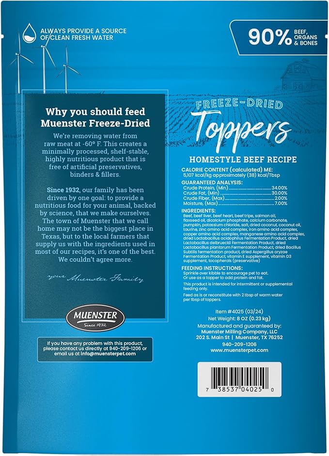 Muenster Freeze Dried Beef Powder Dog Food Topper or Mixer (8oz) - Grain Free