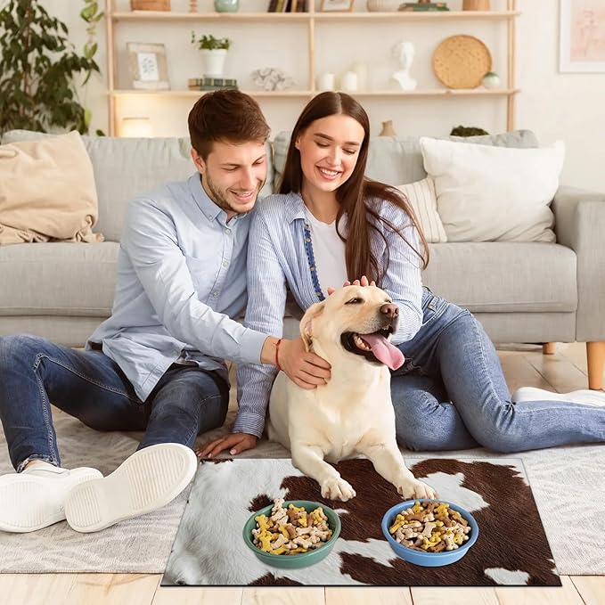 Brown Fur Dog Food Mat for Floors Absorbent Dog Bowl Mat for Food and Water Dispenser Quick Dry Cat Food Placemat Pet Supplies 16" x 24", Milk Cow Skin