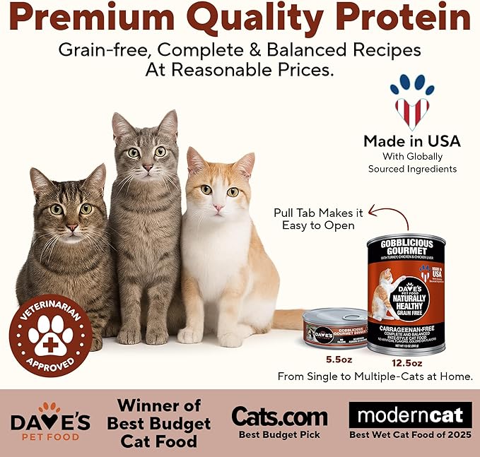 Dave's Pet Food Grain Free Wet Canned Cat Food Pate (Gobblicious Gourmet), Made in USA Naturally Healthy, Added Vitamins & Minerals, 13 oz Cans (12 Pack)