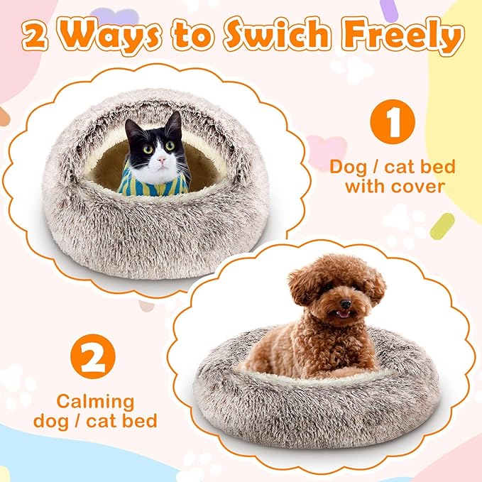2 Pcs Self Warming Cat Beds with Hood, Self Heating Dog Cave Bed, Fluffy Round Covered Pet Pad, Plush Hooded Pet Beds with Non-Slip Bottom for Indoor Cat or Small Middle Dog(Coffee,24 in)