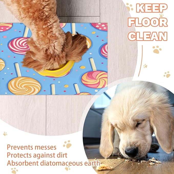 Candy Dog Food Mat for Floors Absorbent Dog Bowl Mat for Food and Water Dispenser Quick Dry Cat Food Placemat Pet Supplies 16" x 24", Lollipop