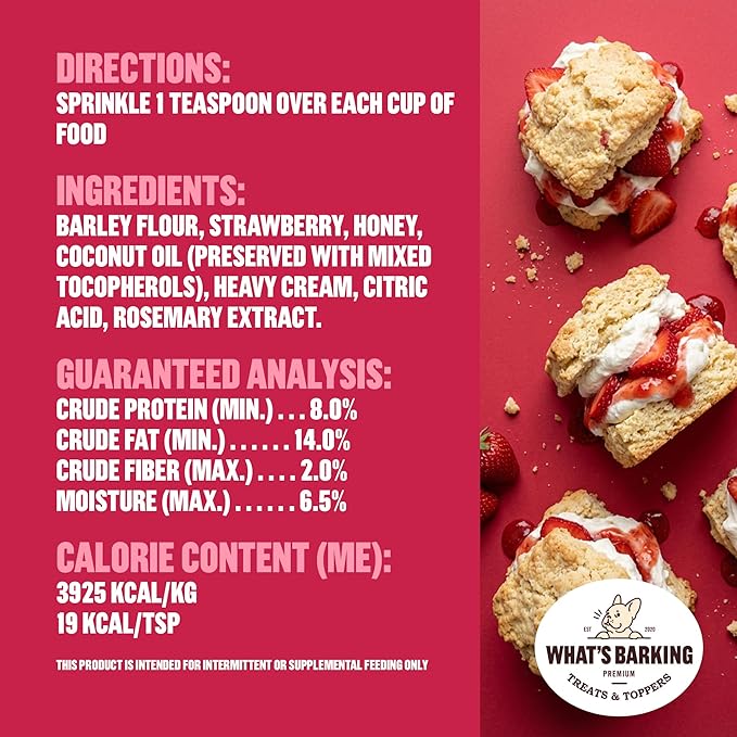 What's Barking Shakers Meal Toppers, Dog Treat Crumbles for Food Topping, Pet Essentials, Sprinkle Topper for Kibble or Wet Food, Made in USA, Resealable Bag, Strawberry Shortcake Flavor, 5 oz