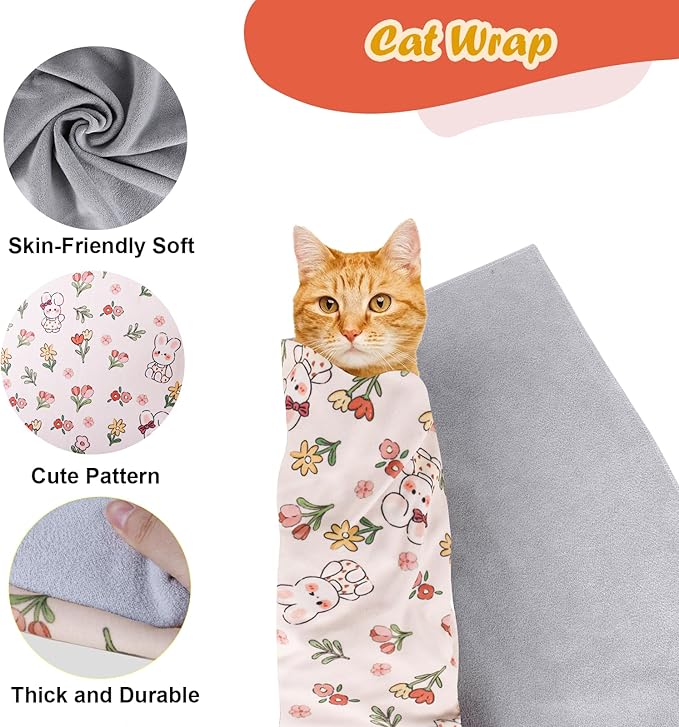 Cat Wrap for Cutting Nails and Grooming,Cat Restraint Wrap for Nail Clipping,Self-Adhesive Fabric Cat Swaddle Burrito Wrap for Nail Trimming (Rabbit Style)