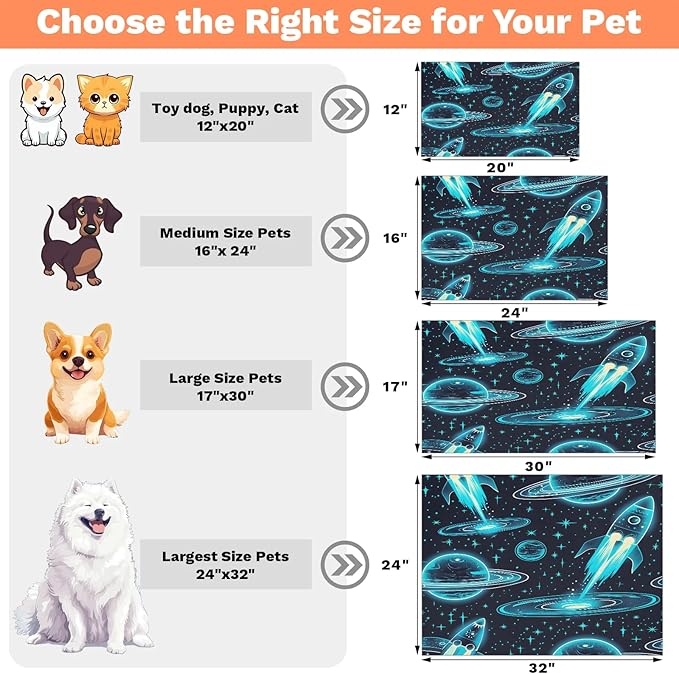 Cartoon Spaceship Dog Food Mat for Floors Absorbent, Quick Dry Water Dispenser Mat for Food, Water, Pet Supplies 12" x 20", Outer Space