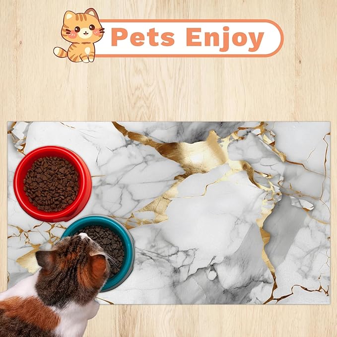 Marble Dog Food Mat for Floors Absorbent, Quick Dry Water Dispenser Mat for Food, Water, Pet Supplies 17" x 30", Grey Gold