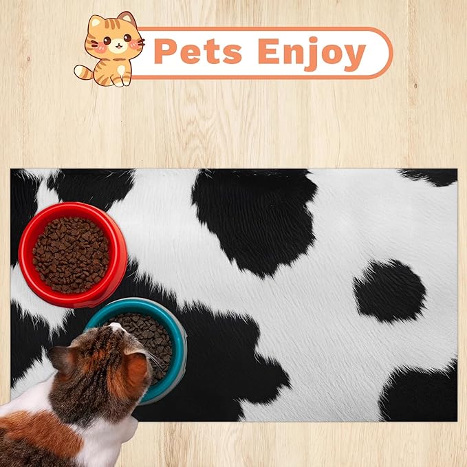 Milk Cow Print Dog Food Mat for Floors Absorbent Dog Bowl Mat for Food and Water Dispenser Quick Dry Cat Food Placemat Pet Supplies 12" x 20", Black White