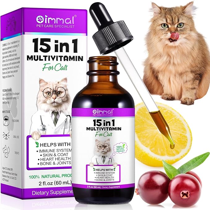 15-in-1 Multivitamin Drops for Cats, Cat Vitamins for Immune System Support, Skin & Coat, Heart Health, Bones, Joint, with Vitamins A, B, C, D, E, Liquid Supplement for All Life Stages