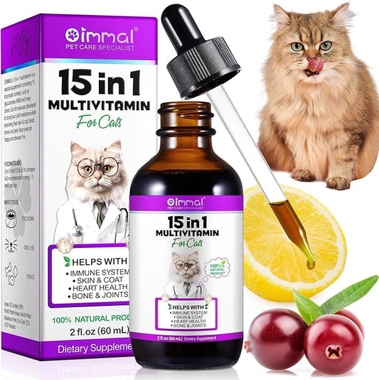 15-in-1 Multivitamin Drops for Cats, Cat Vitamins for Immune System Support, Skin & Coat, Heart Health, Bones, Joint, with Vitamins A, B, C, D, E, Liquid Supplement for All Life Stages