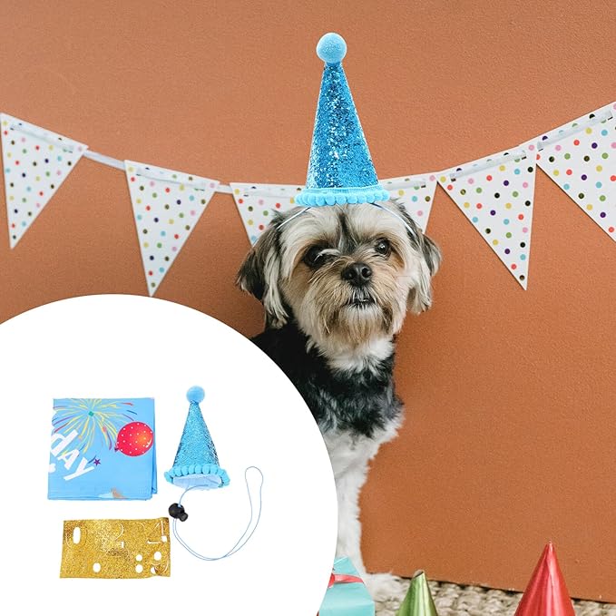 Toyvian Dog Birthday Hat and Bandana Set, 3pcs Blue Party Supplies, Lightweight Pet Birthday Accessories for Puppies and Small Dogs