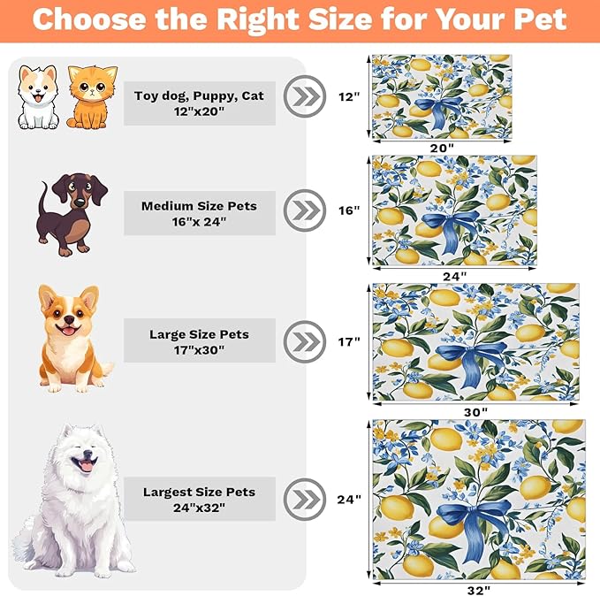 Lemon Fruit Dog Food Mat for Floors Absorbent Dog Bowl Mat for Food and Water Dispenser Quick Dry Cat Food Placemat Pet Supplies 24" x 32", Bows Flower