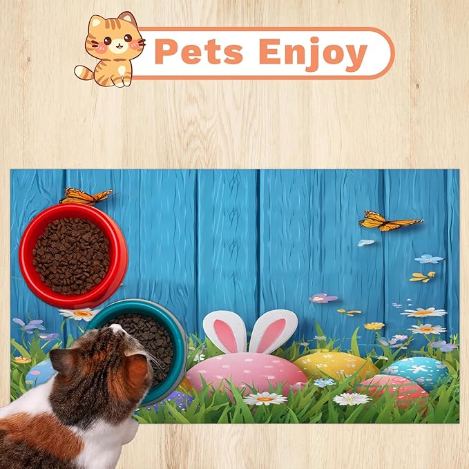 Happy Easter Dog Food Mat for Floors Absorbent Dog Bowl Mat for Food and Water Dispenser Quick Dry Cat Food Placemat Pet Supplies 24" x 32", Butterfly Daisy Flower