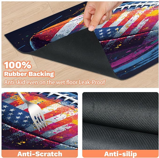 Rugby Football Dog Food Mat for Floors Absorbent, Quick Dry Water Dispenser Mat for Food, Water, Pet Supplies 17" x 30", American Flag