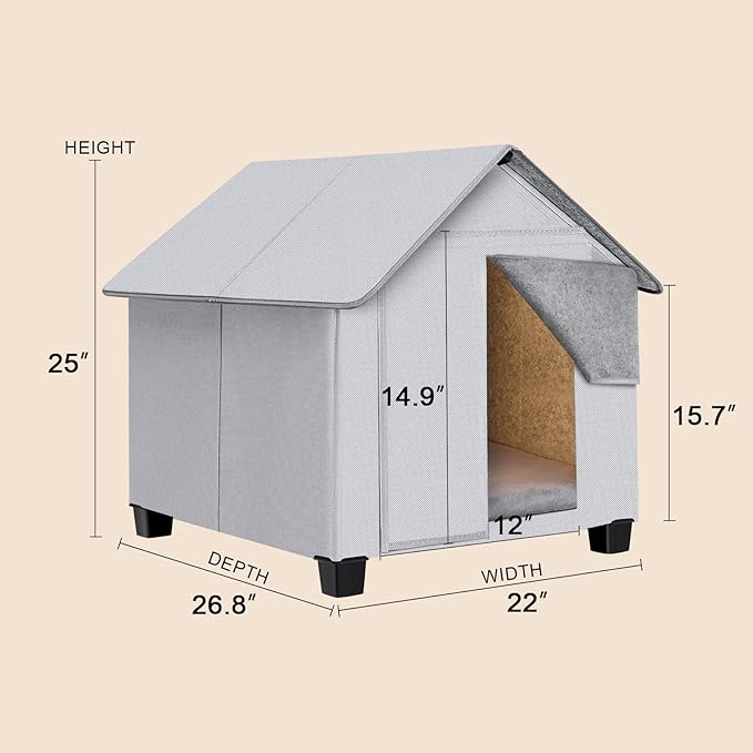 Outdoor Dog House, Elevated Foldable Dog Cave Bed with Removable Plush Mat for Medium Dogs Up to 23.6 Inches Long
