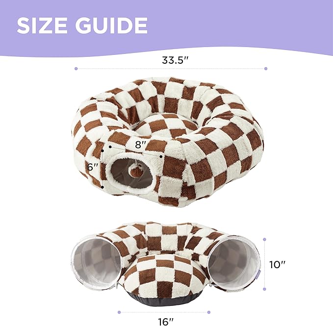 Lesure Cat Tunnel Bed for Indoor Cats - Cute Cat Donut Tunnel Toys for Small Large Cats with Washable Circle Cushion, Round Pet Peekaboo Cave Toy for Kitten/Puppy/Rabbit, Standard Brown Checks