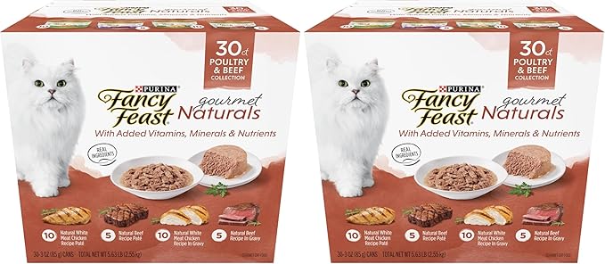 Fancy Feast Purina Wet Cat Food Variety Pack Gourmet Naturals Poultry and Beef Collection - 3 oz. Cans,(Pack of 60)