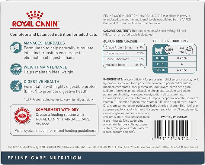 Royal Canin Feline Care Nutrition Hairball Care Adult Thin Slices in Gravy Cat Food, 3 oz (Pack of 6)