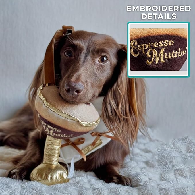 Haute Diggity Dog Espresso Muttini Plush Dog Toy for Small, Medium & Large Dogs, Interactive Funny Parody Squeaky Toys, Soft, Durable, Machine-Washable, Safe & Cute Birthday Gift for Dogs, One Size
