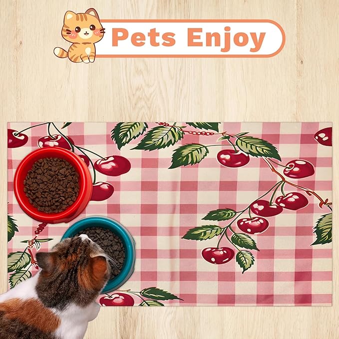 Cherry Fruits Dog Food Mat for Floors Absorbent Dog Bowl Mat for Food and Water Dispenser Quick Dry Cat Food Placemat Pet Supplies 17" x 30", Buffalo Check Plaid