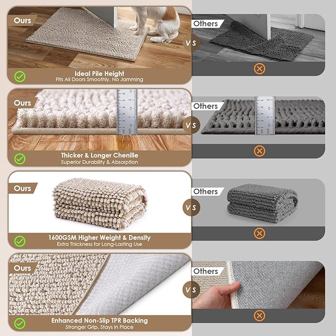 EHEYCIGA Super Absorbent Dog Door Mat for Muddy Paws 48x30 Inch Indoor, Front Doormat Outside Entrance, Quick Dry Chenille Washable Dog Crate Bed, Non-Slip Pet Rug Mud Mat Outdoor Entryway, Beige