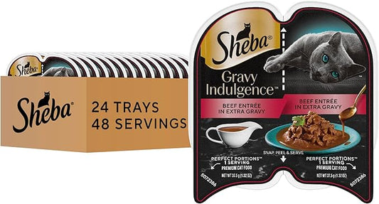 Sheba Gravy Indulgence Adult Wet Cat Food, Wet Food for Cats Beef Entree in Extra Gravy, 2.6 oz. Twin-Pack Trays (24 Count, 48 Servings)