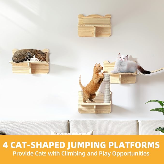 Cat Wall Shelves, 16-in-1 Solid Wood Wall-Mounted Cats Furniture Set with Scratching Post, Cat Climbing Wall Systems with 40''L Tunnel, Step, Condo, House, Bridge Ladder, Cats Shelf Furniture