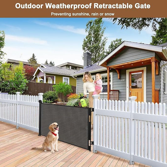100" Wide Weatherproof Outdoor Retractable Baby Gates for Decks with No Rust Screws and Rods, Waterproof 8 Ft Extra Wide Baby Gate for Large Opening, Scratch-Resistant Mesh Retractable Dog Gate, Black