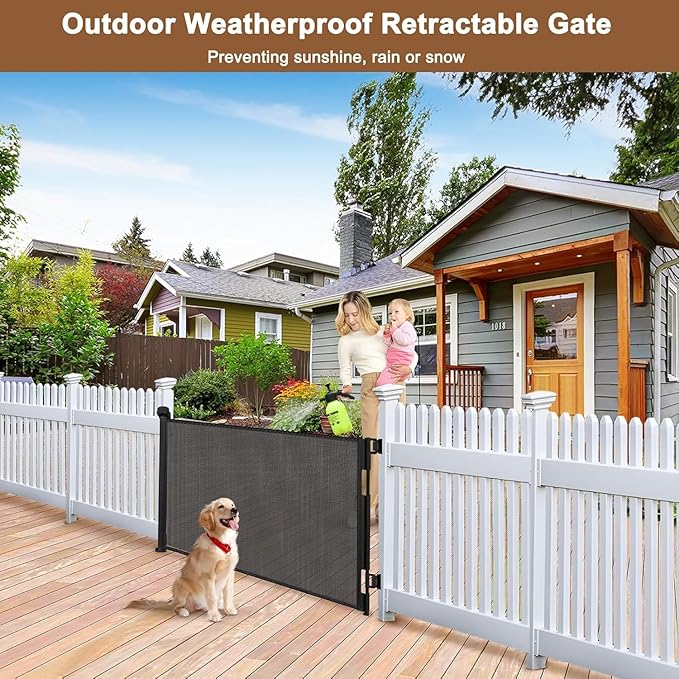 Weatherproof Outdoor Retractable Baby Gates for Decks with No Rust Screws and Rods, 72" Wide Waterproof Outdoor Baby Gate, 6 ft Scratch-Resistant Mesh Retractable Dog Gate for Parents and Pet Owners