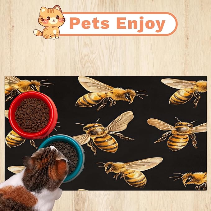 Bee Dog Food Mat for Floors Absorbent, Quick Dry Water Dispenser Mat for Food, Water, Pet Supplies 12" x 20", Farmhouse Honeybee