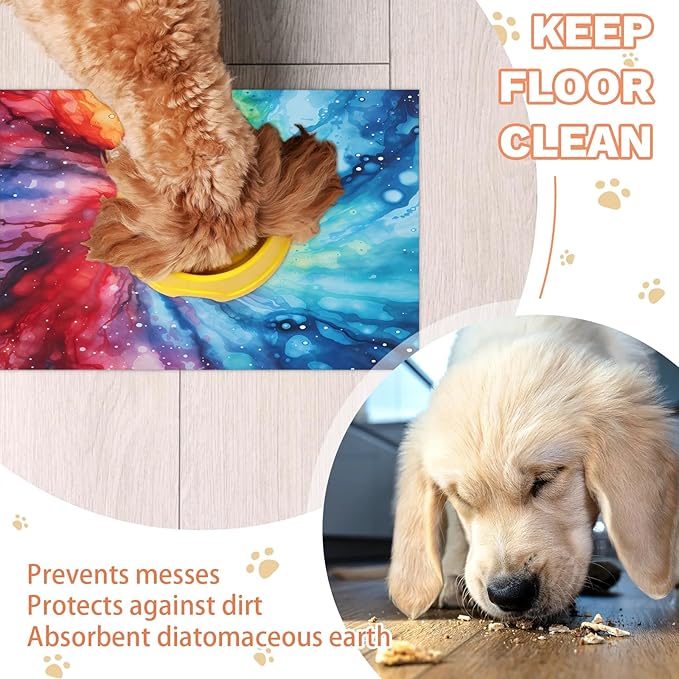 Tie Dye Dog Food Mat for Floors Absorbent, Quick Dry Water Dispenser Mat for Food, Water, Pet Supplies 17" x 30", Red Blue