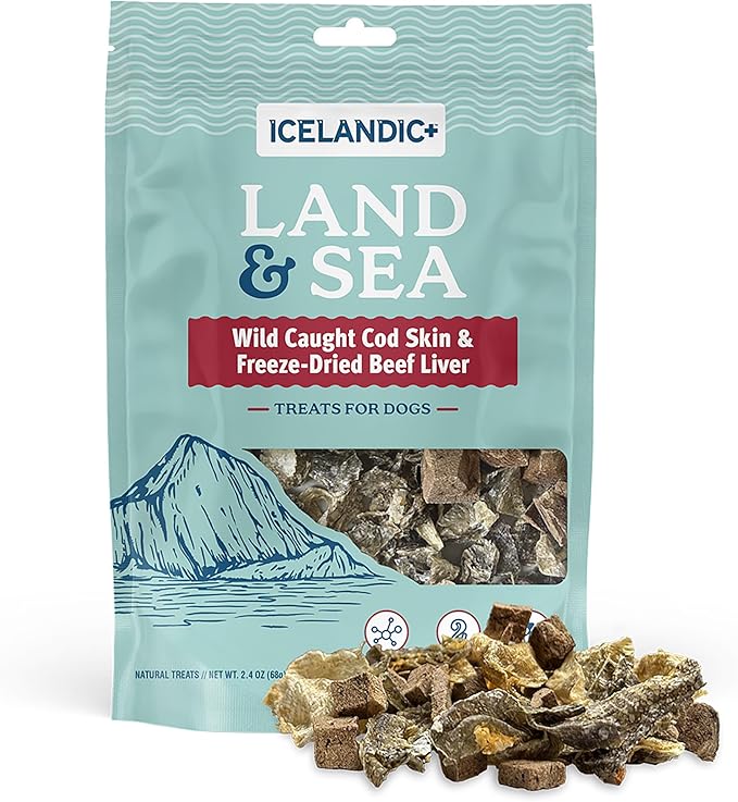 Icelandic+ Land & Sea: Wild Caught Cod Skin & Freeze-Dried Beef Liver - 2.4oz Bag, Dog Treat & Food Topper, 2 Ingredients, No Preservatives, Natural