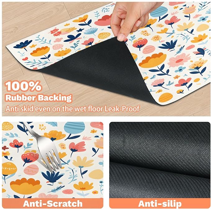 Easter Egg Dog Food Mat for Floors Absorbent Dog Bowl Mat for Food and Water Dispenser Quick Dry Cat Food Placemat Pet Supplies 24" x 32", Boho Flower