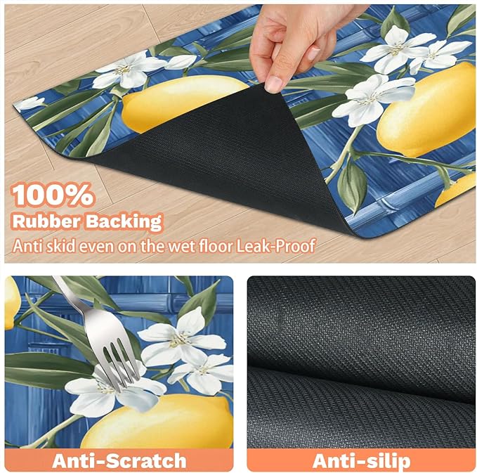 Lemon Dog Food Mat for Floors Absorbent Dog Bowl Mat for Food and Water Dispenser Quick Dry Cat Food Placemat Pet Supplies 12" x 20", Leaves Flower