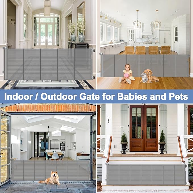 Reinforced 150 Inch Wide Retractable Baby Gates Extra Wide, 37 Inch Tall Outdoor Retractable Gate for Dogs, 12.5ft Long Baby Gates Indoor with Reinforced Strips, Extra Long Pet Gate Outdoor, Gray