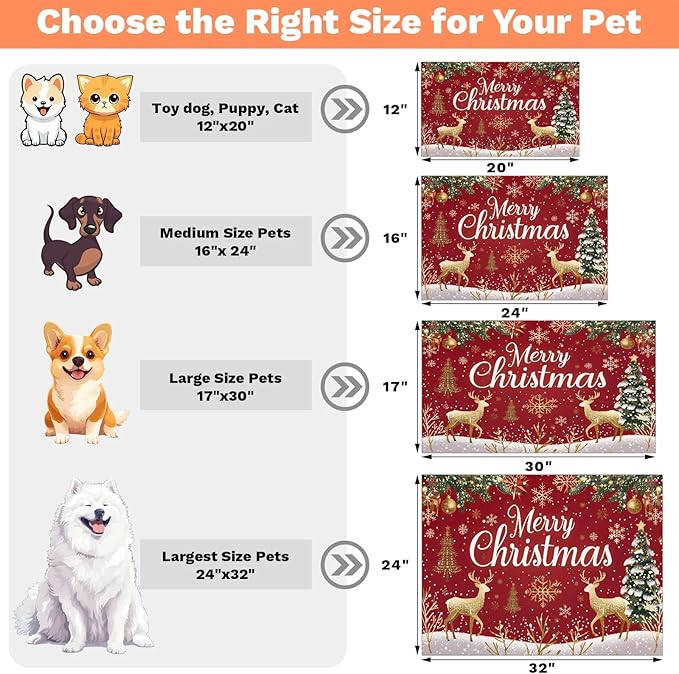 Merry Christmas Dog Food Mat for Floors Absorbent, Quick Dry Water Dispenser Mat for Food, Water, Pet Supplies 24" x 32", Gold Deer