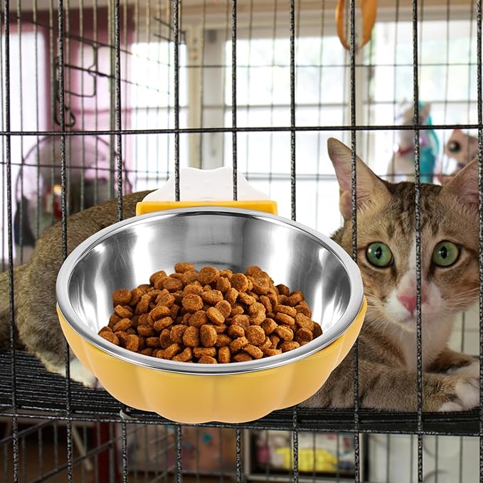 Hanging Pumpkin-Shaped Pet Feeder Bowl, Small Yellow Plastic Cage Cat Feeder and Dog Bowl for Crate Feeding and Watering Supplies