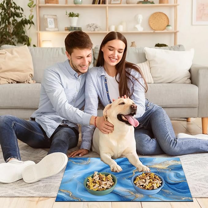 Marble Dog Food Mat for Floors Absorbent, Quick Dry Water Dispenser Mat for Food, Water, Pet Supplies 16" x 24", Blue Abstract
